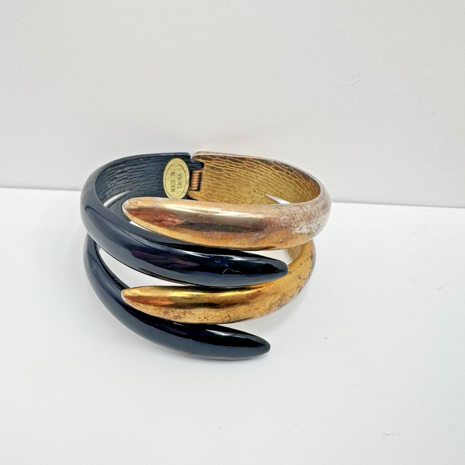 Metal Clamper Claw Vintage Black and Gold Tone Bangle Bracelet fits 6-8” Bold