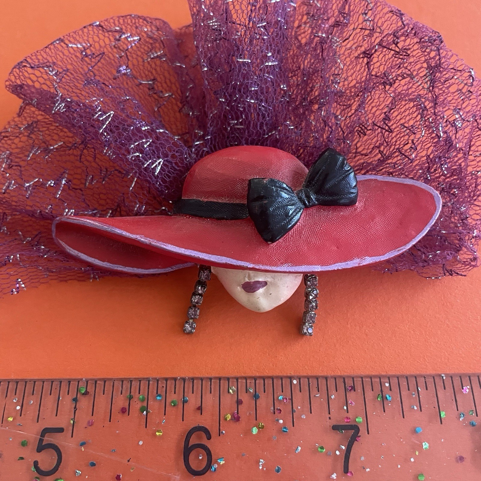 Vtg Brooch Pin Red Hat Society Rhinestone Lady 3D Fabric Lapel Pin