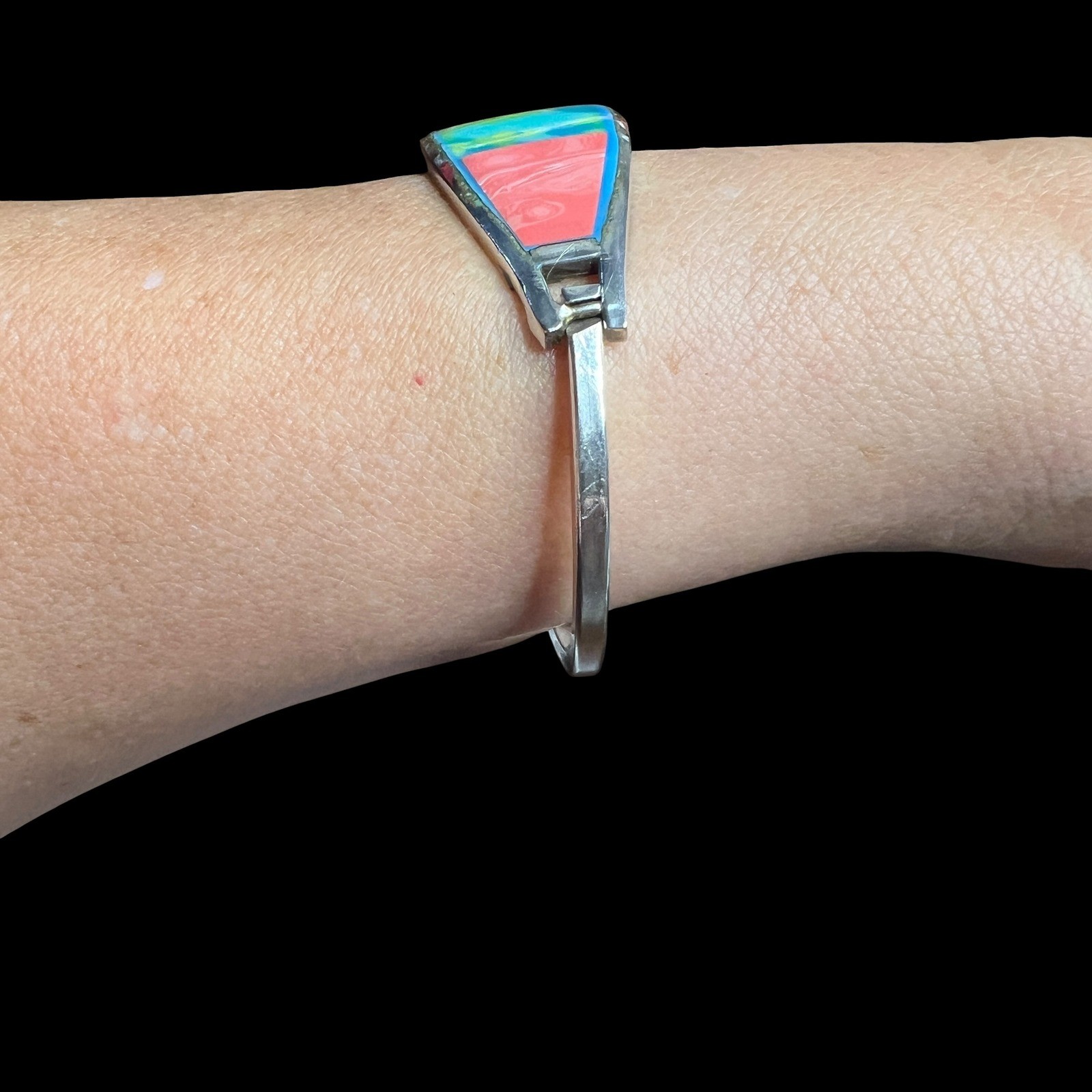 Vintage Alpaca Mexico Bangle Bracelet Multi Color Enamel Silver Tone 7.2 in