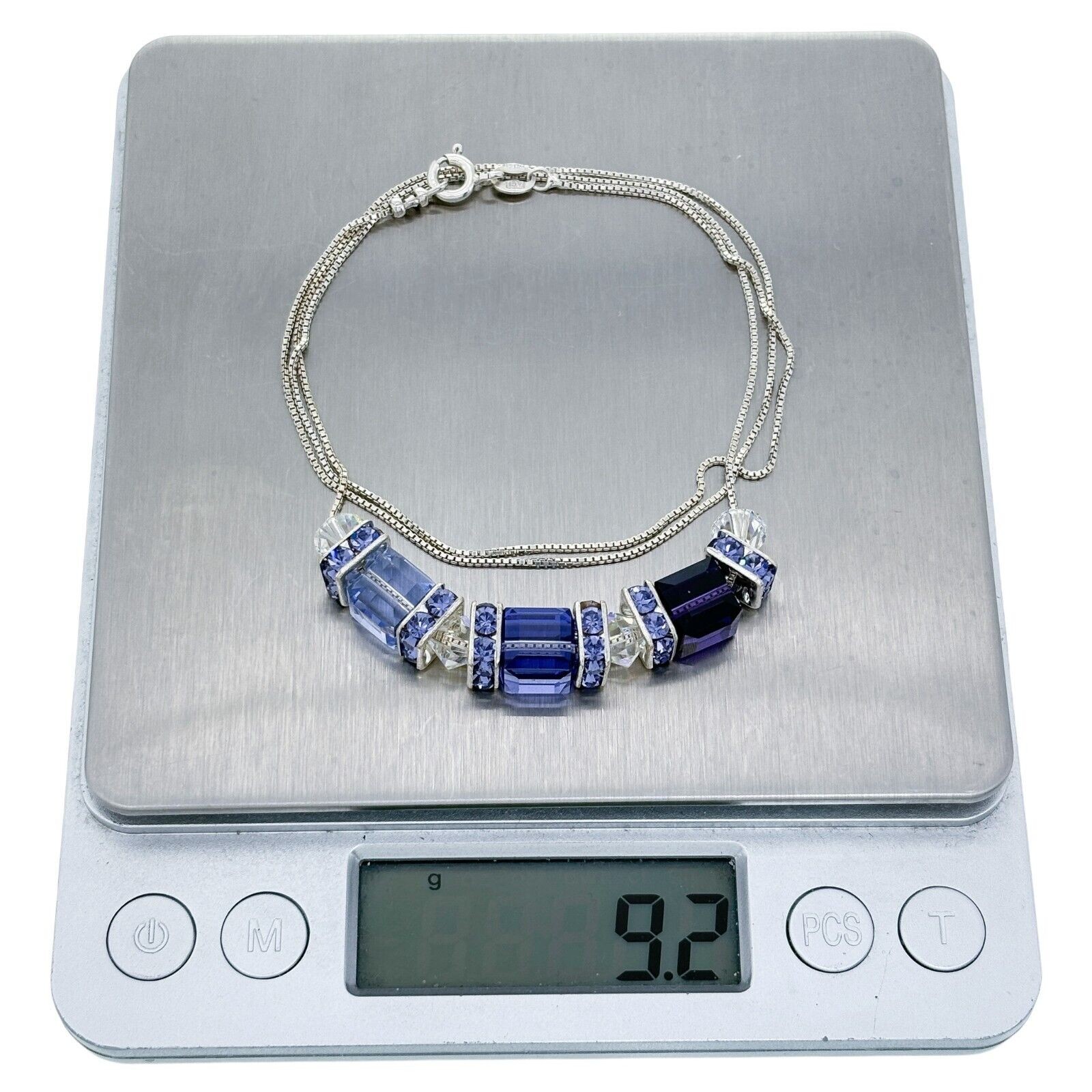 Vintage Italian Sterling Silver 925 Blue Crystal Cube Bead Necklace 22″
