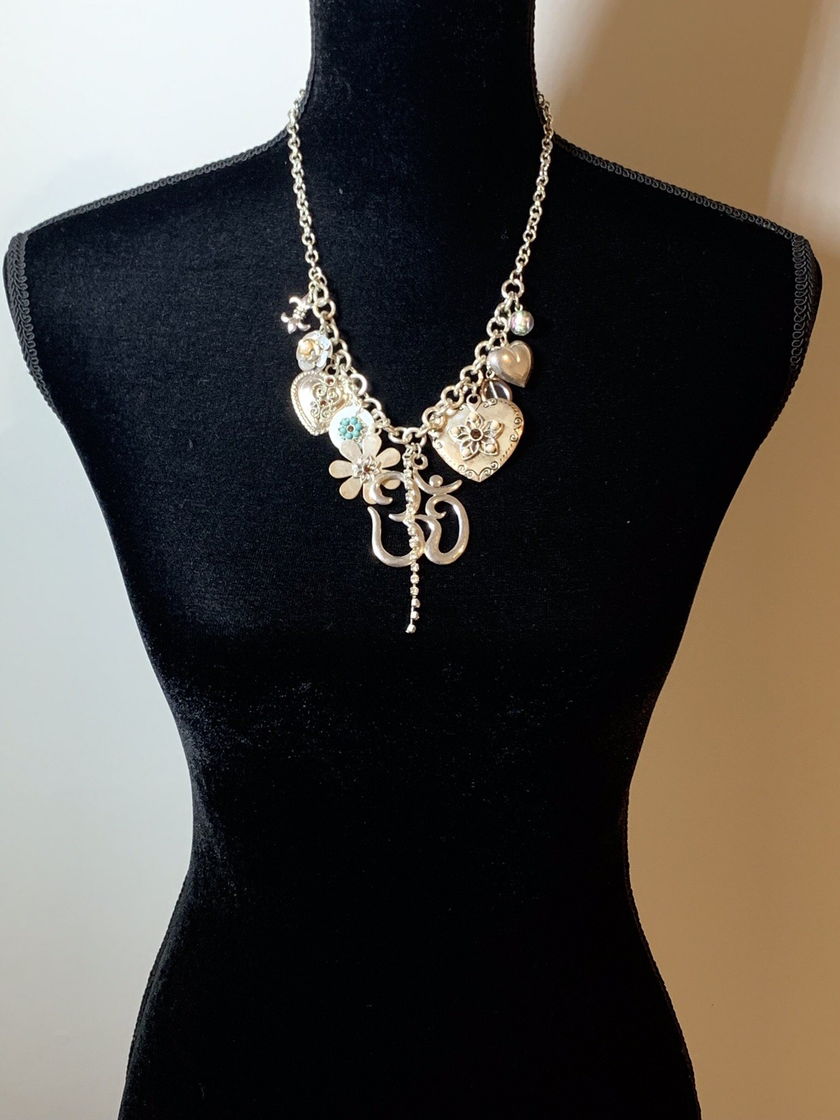 Vintage Silver Charm Necklace Earrings Set Hearts Flowers Beads Boho Cottagecore