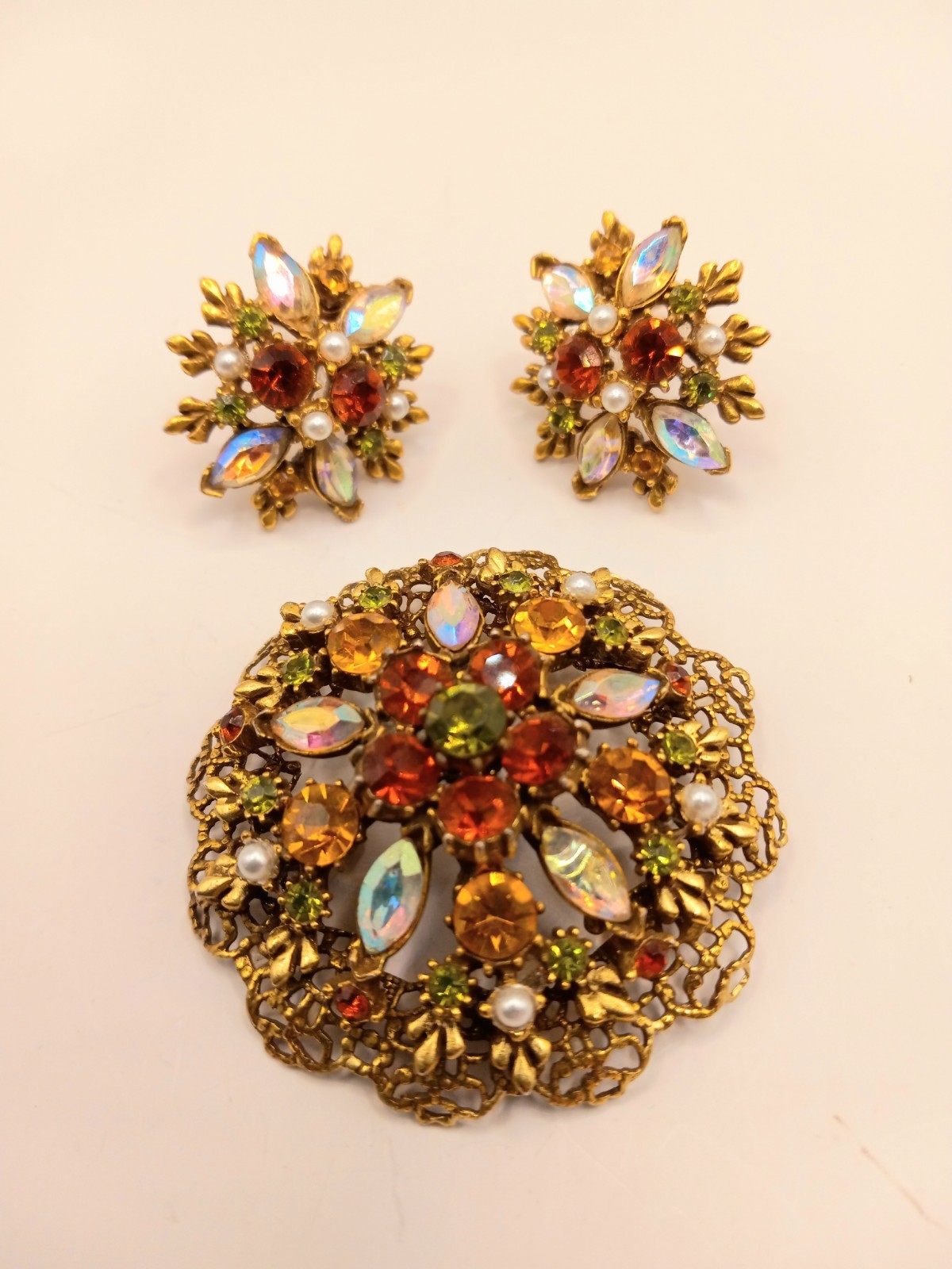 Vintage Rhinestone Brooch & Clip Earrings Autumn Fall Colors AB Accents Goldtone