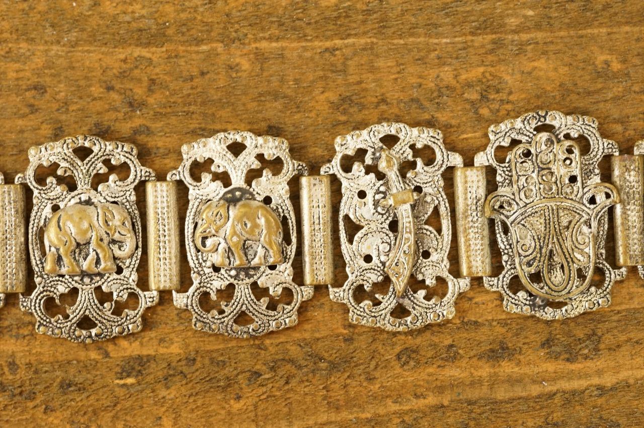 Vintage Souvenir Bracelet Morocco Hamsa Hand Elephant Link Nickel Plated Brass