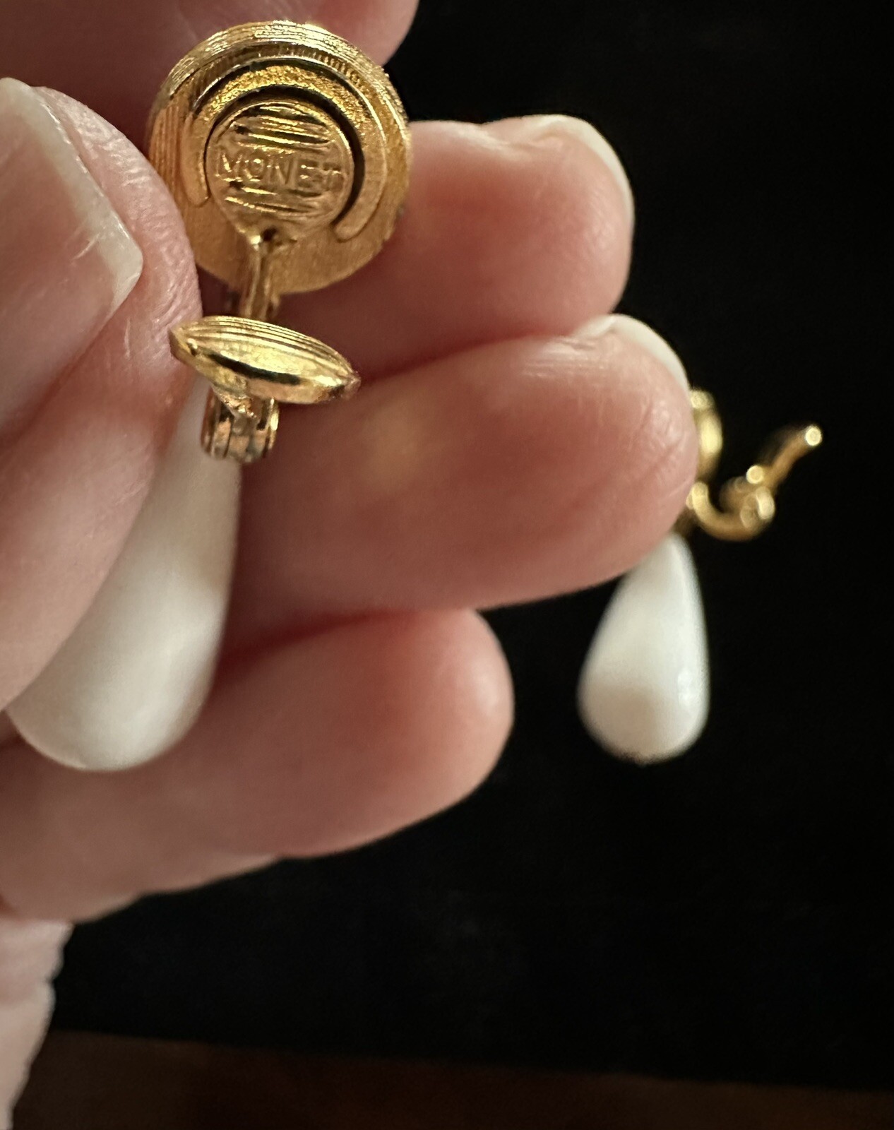 Vintage Monet White Lucite Round & Teardrop Dangle Earrings, Gold Tone Finish