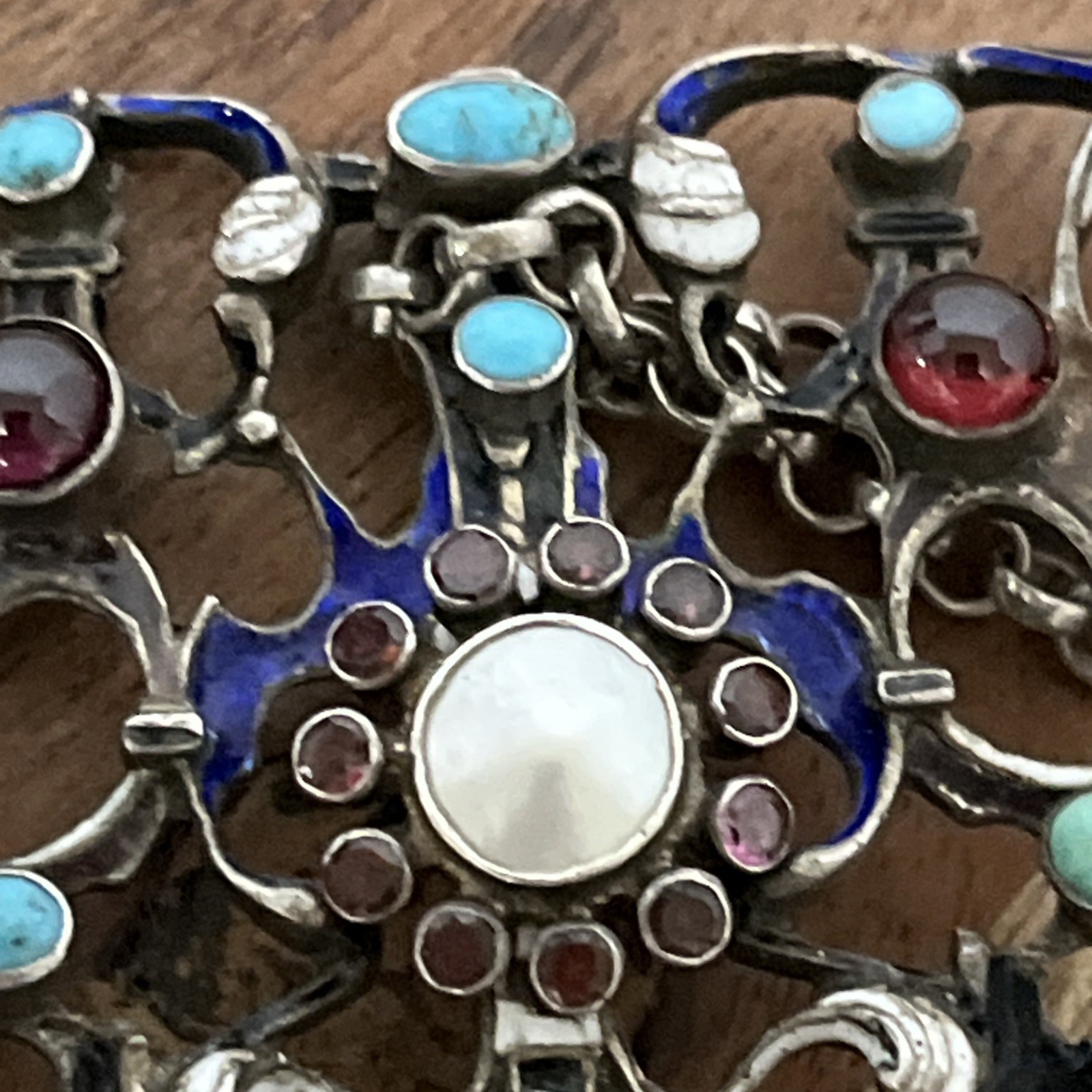 Antique Hermann Bohm AUSTRO HUNGARIAN Garnet Turquoise Silver Pendant Necklace