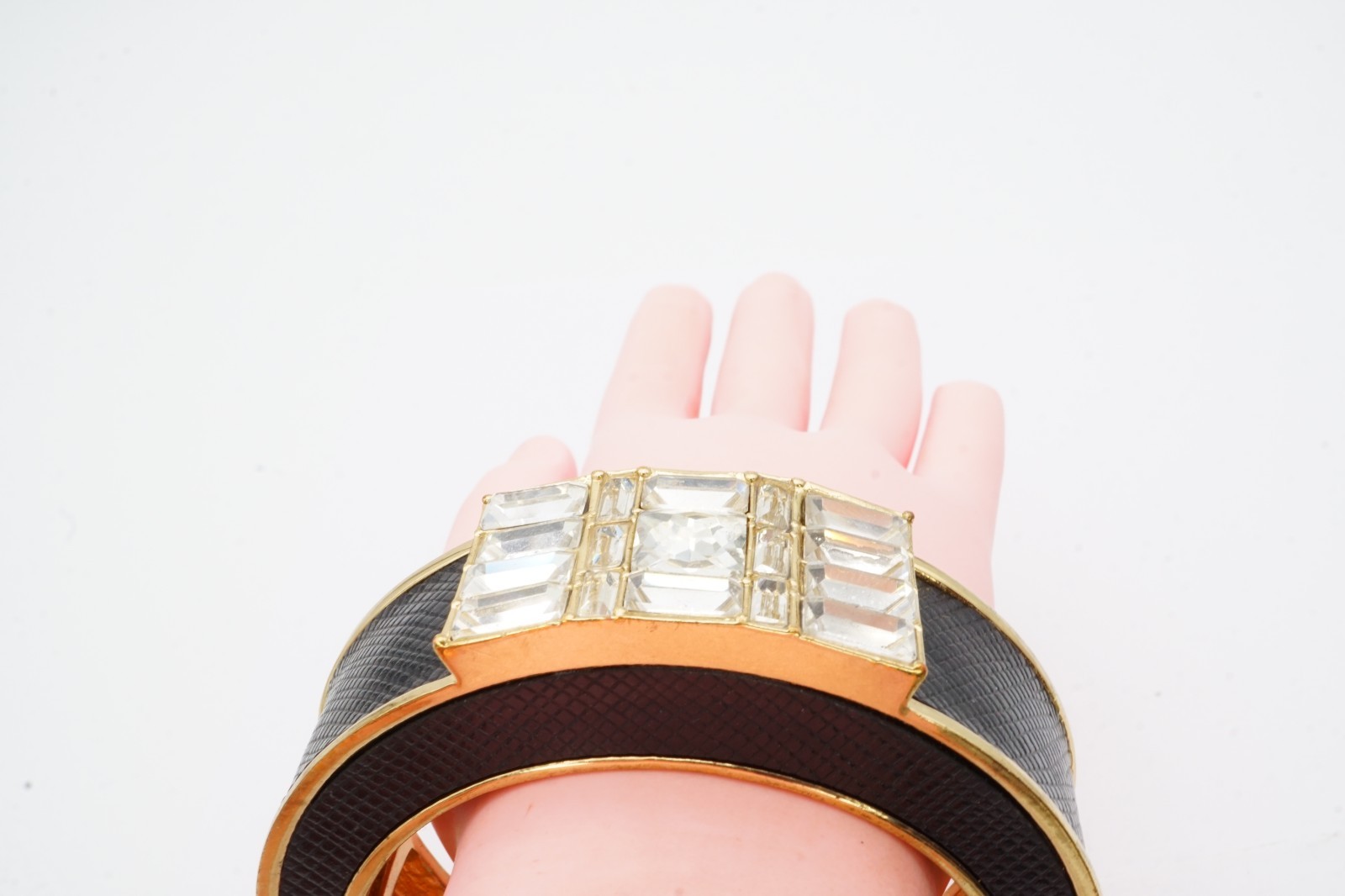 Vintage Bangle Bracelet Gold Tone Rhinestone Faux Leather 6.5″