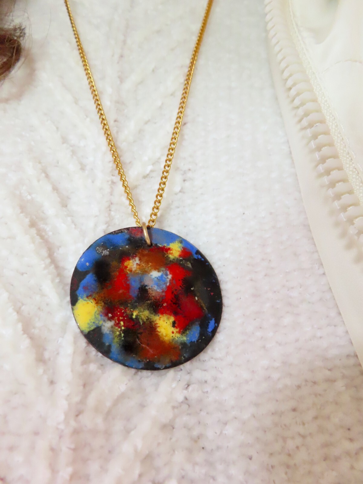 Vintage 1950’s Enamel Copper Pendant/Necklace On Gold Tone Chain