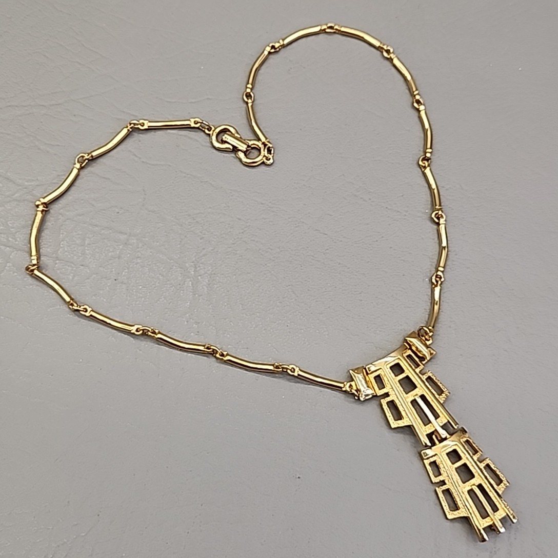 Vintage Modernist Necklace Gold Tone Geometric Dangle Pendant Articulated READ