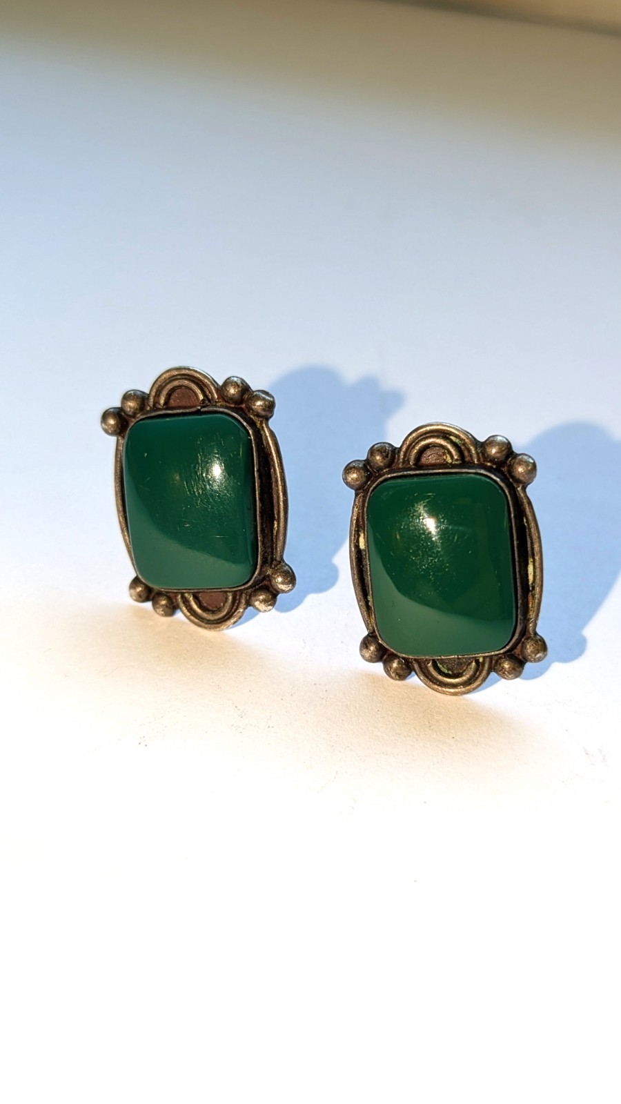 Morales Medrano 925 Sterling Silver Green Onyx Rectangular Cabochon Earrings