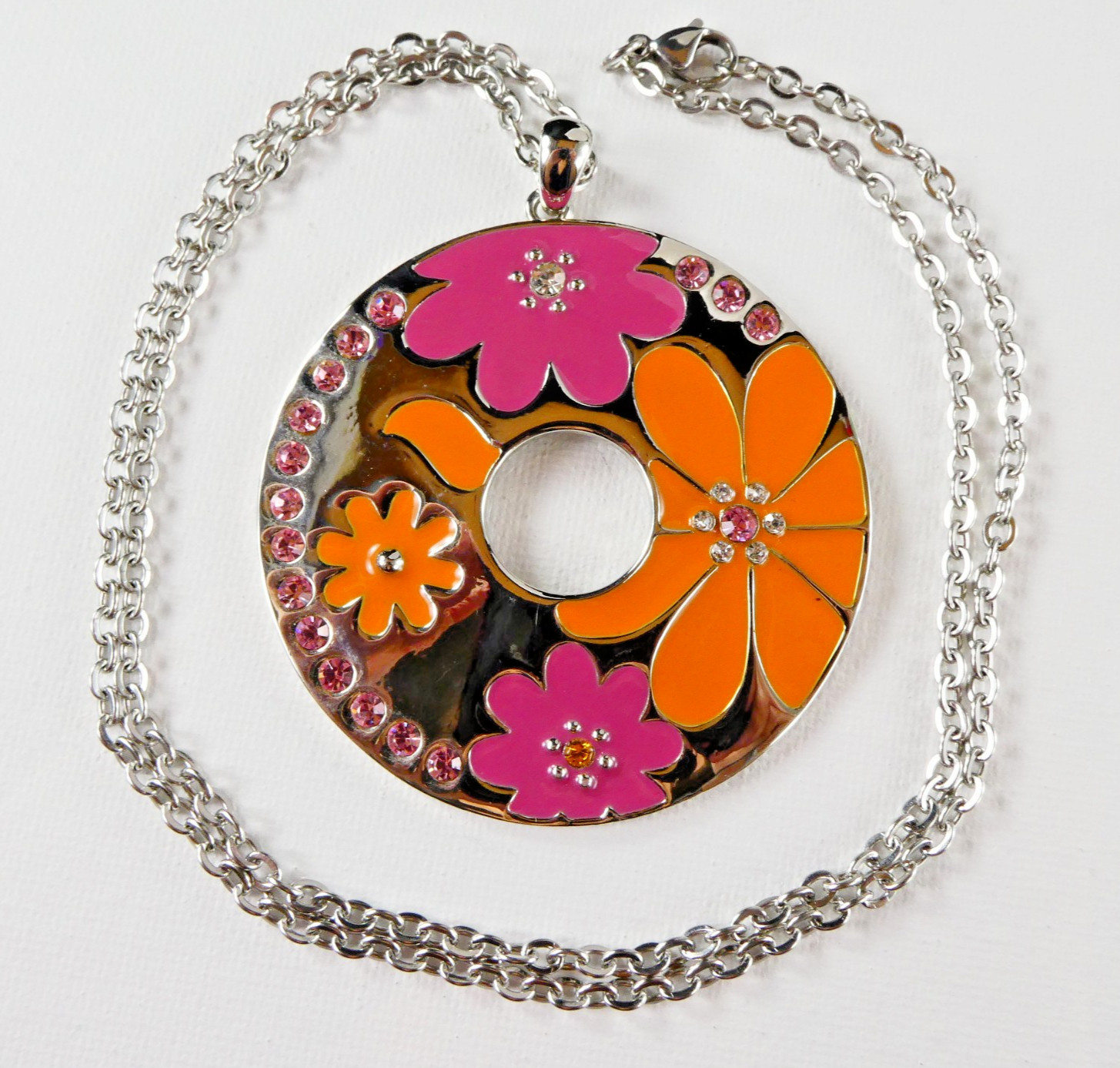 Lia Sophia Enamel Flower Pendant Retro Style Flower Power Silver Tone Necklace