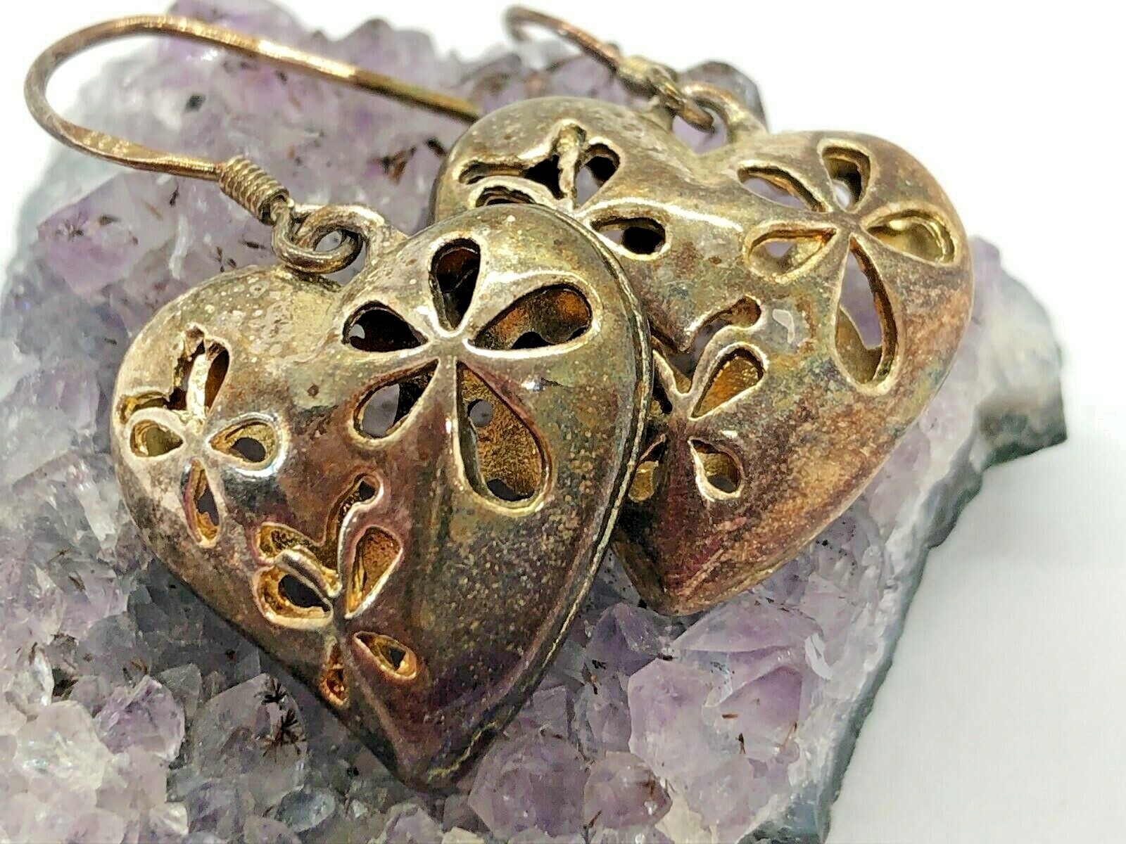 Vintage Sterling Silver Floral Hearts Flowers Dangle Earrings 5.6 Grams