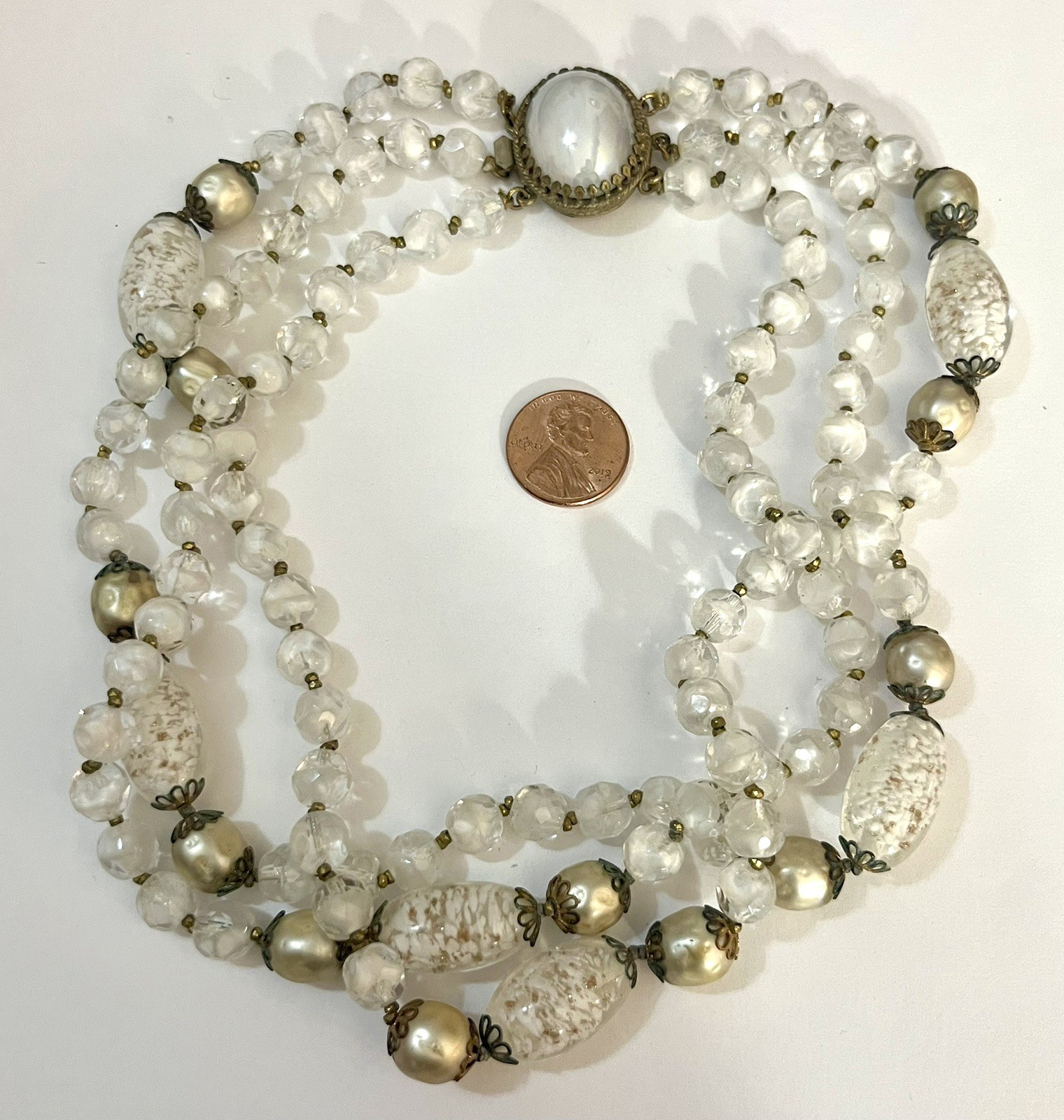 Vintage Foil Glass Necklace Murano Multistrand White Beaded Estate Jewelry Rare