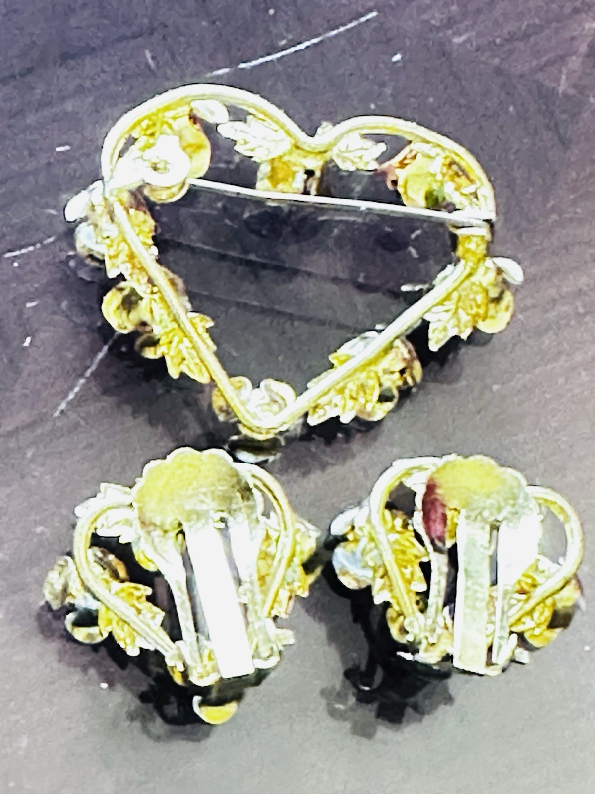 Vintage Enamel Pink White Floral Heart Brooch & Clip On Earrings Rhinestone Set
