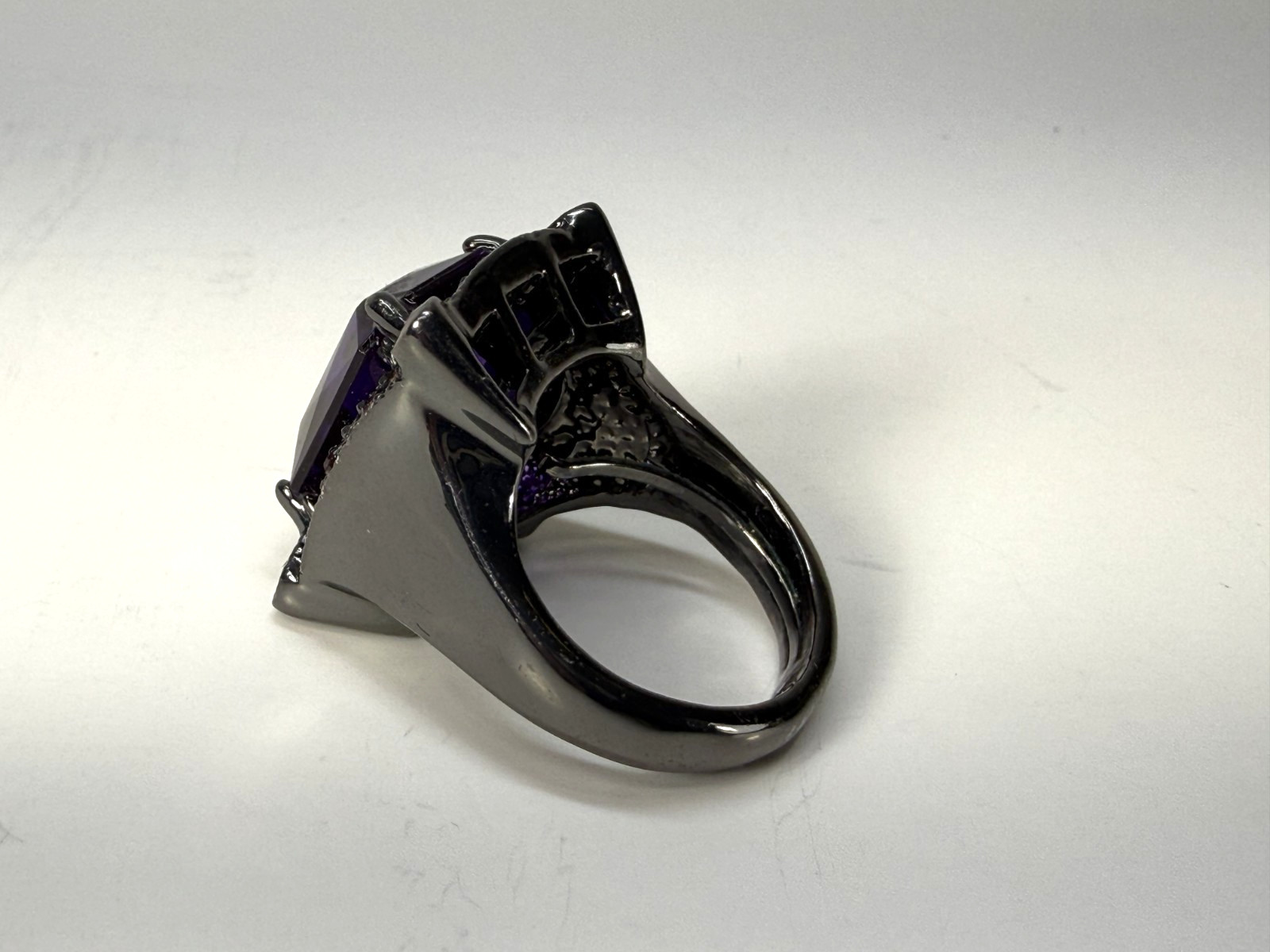 Vintage Faceted Purple Pink Rhinestone Gunmetal Large Ring Size 8