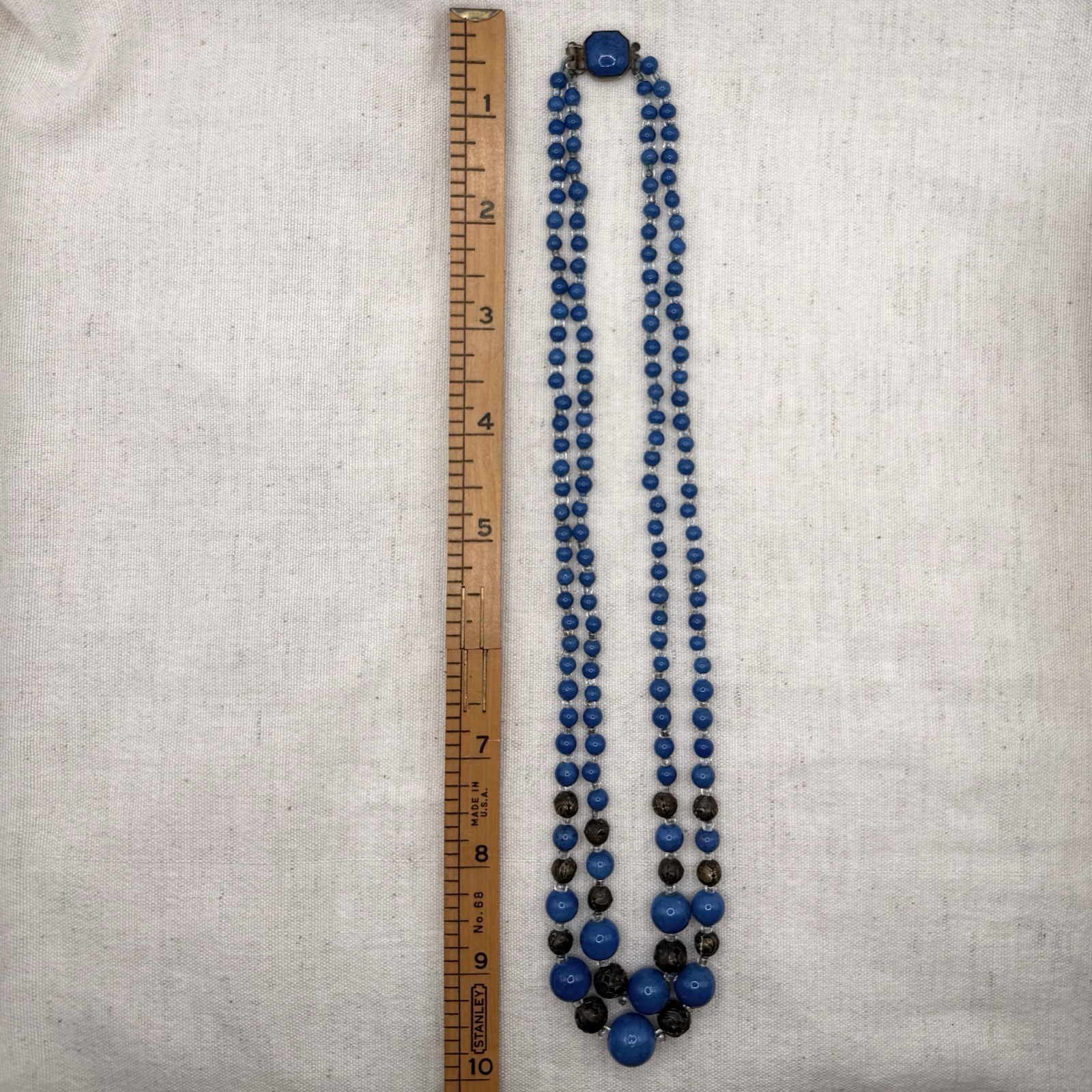 Art Deco Czech Blue Glass Double Strand Necklace Filigree Beads 19”