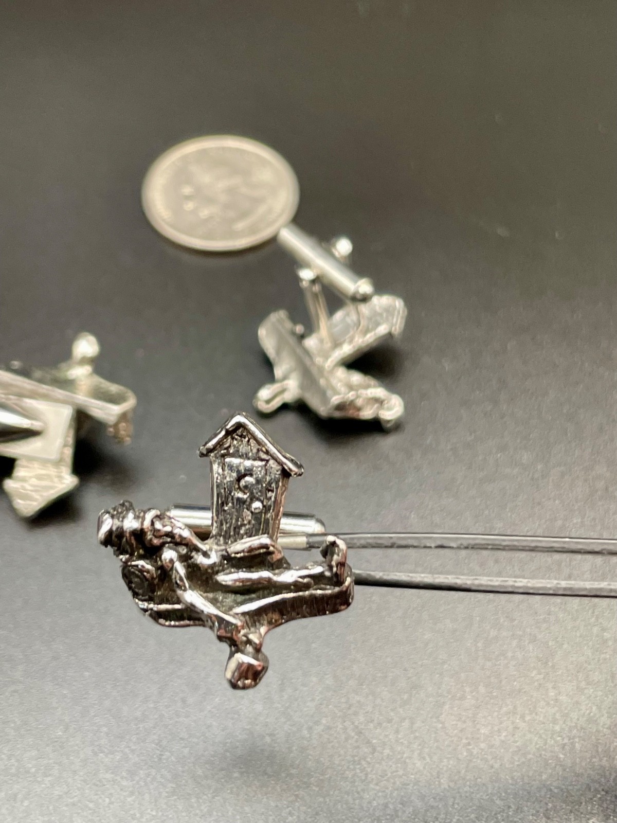 Vintage Outhouse Moonshine Drunk Figural Silver Tone Cufflinks and Tie Clip Set