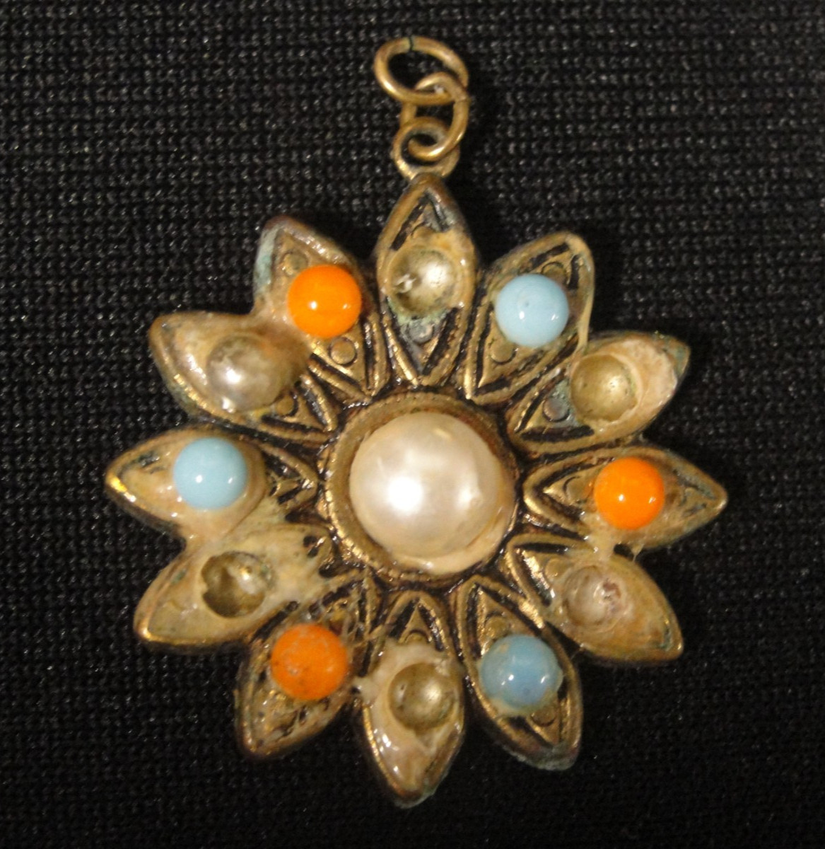 Vintage Flower Shaped Pendant Charm w/ Beads Some Missing