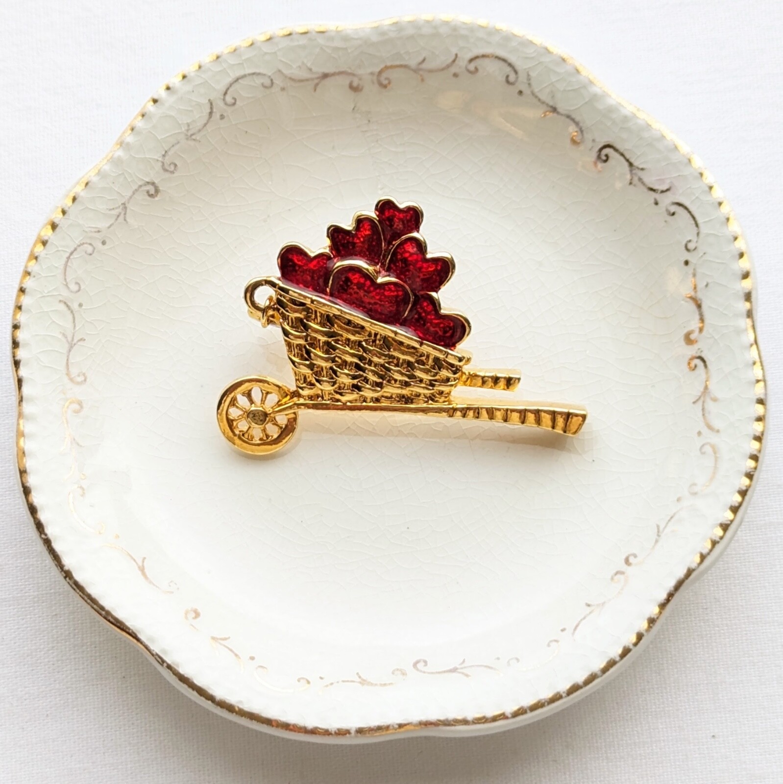 Vintage Avon Heart Wheelbarrow Brooch Pin Guillochet Enamel Signed Love Jewelry