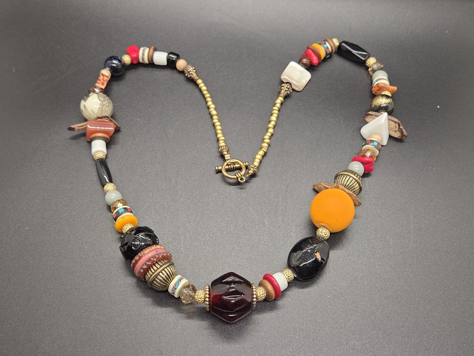 VTG Boho Necklace Artisan Glass Ceramic Lucite Stone Wood Fun Festival Beads 28″