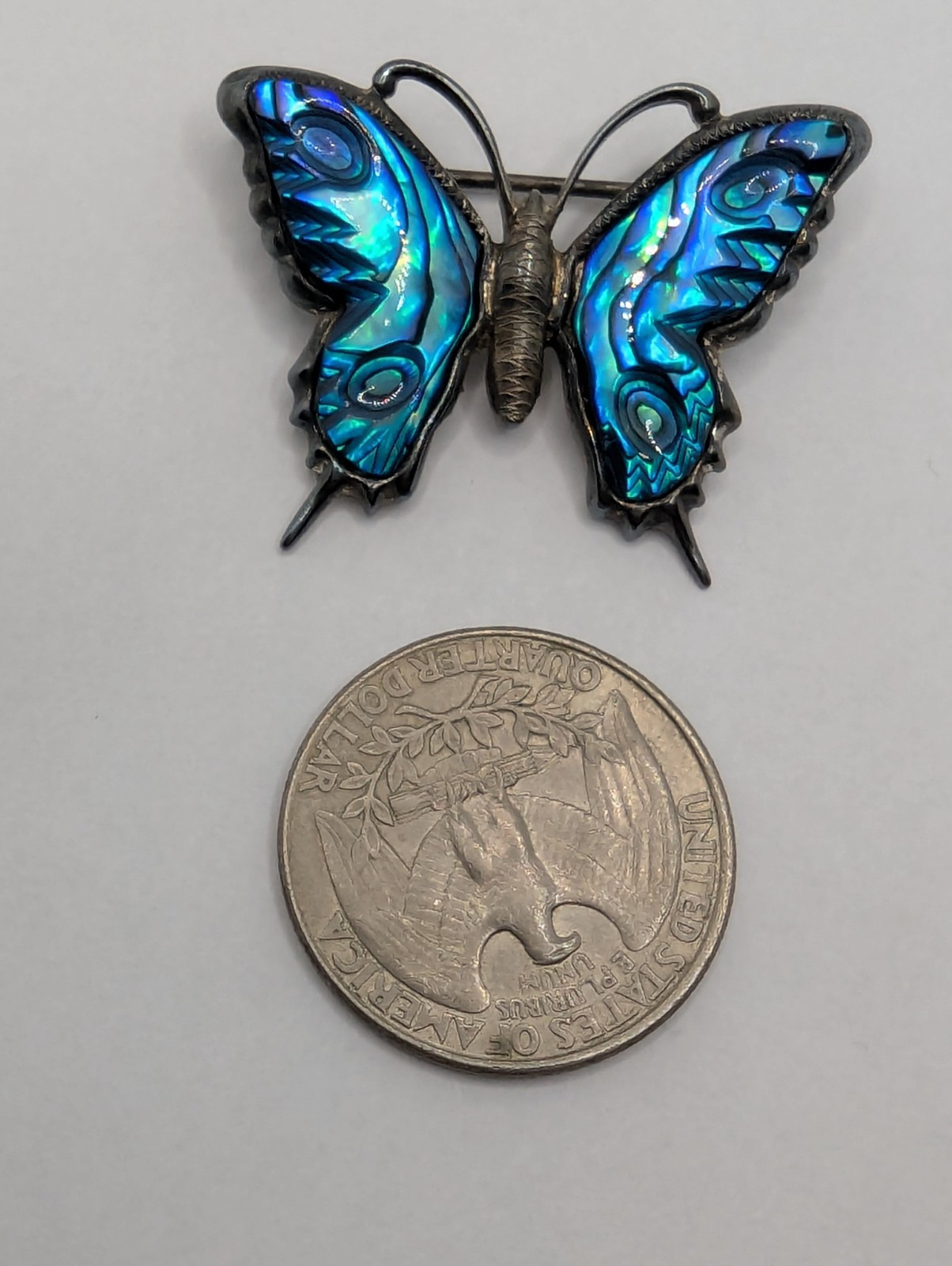 Ataahua Vintage Sterling Silver Blue Paua Shell Butterfly Brooch Pin