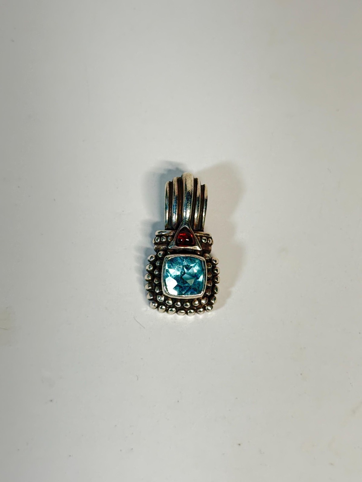 925 Sterling Silver Blue Topaz Garnet Pendant Enhancer Bail Square Bezel Drop