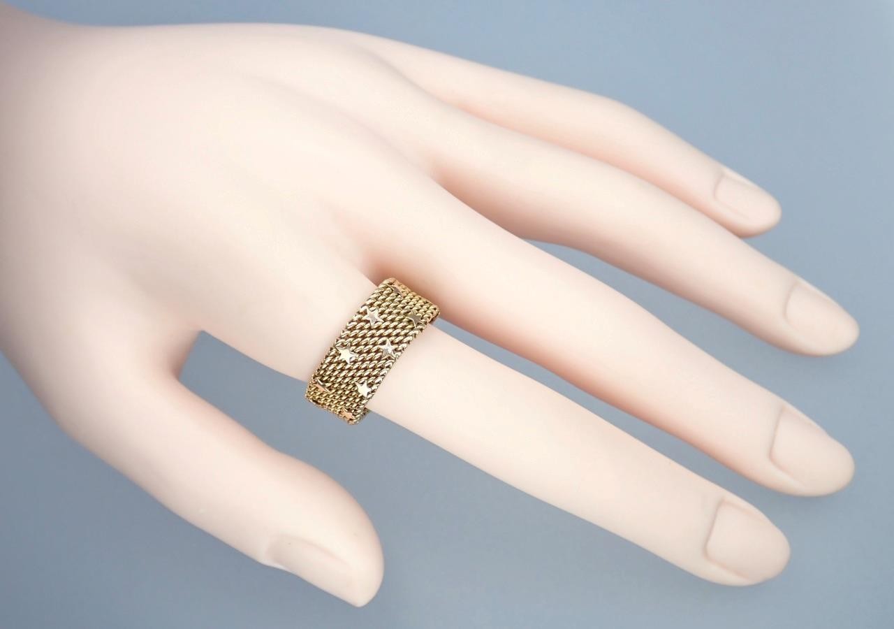 Fine Vintage Italian Solid 18K Gold Floating Stars Celestial Woven Mesh Ring 11