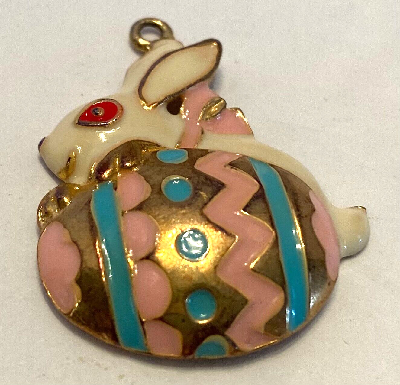 Vintage Gold Tone/Enamel Blue/Pink/Ivory/Red Bunny/Easter Egg 1.5 Inch Pendant