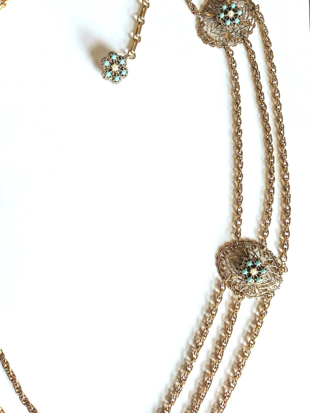 Vintage Gold Tone Chain With Faux Turquoise And Pearl Necklace Or Belt