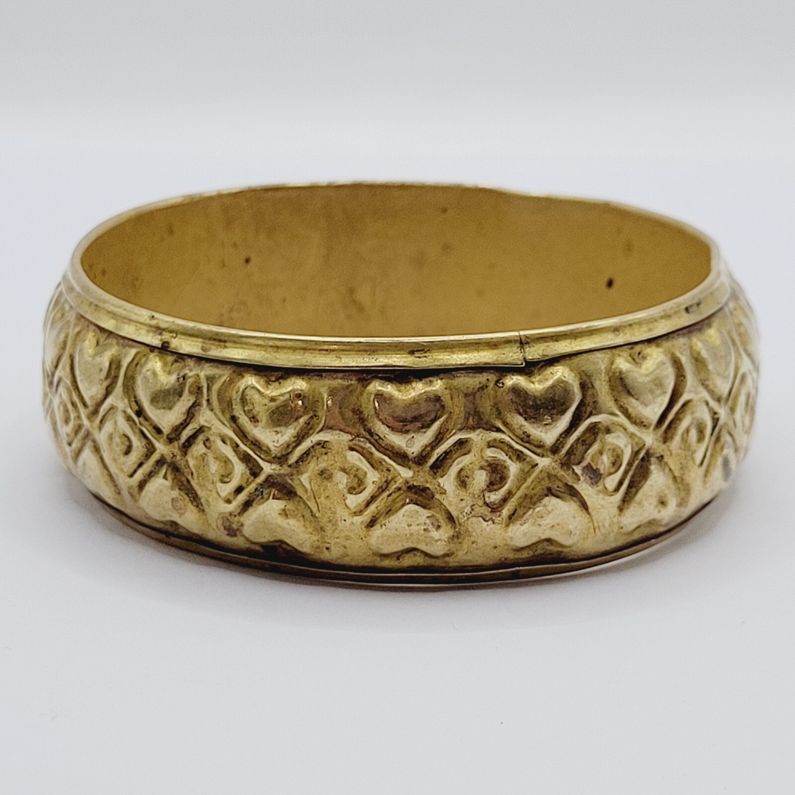Wide Brass Chunky Bangle Embossed Heart Pattern Vintage Bracelet 8 Inch Approx