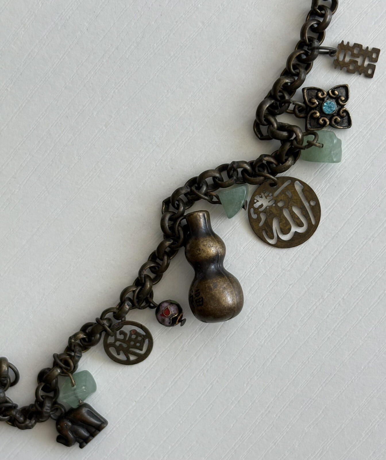 Vintage Chinese Cloisonné Charm Bracelet 7.25in Ladies Good Luck Jade 16.80g