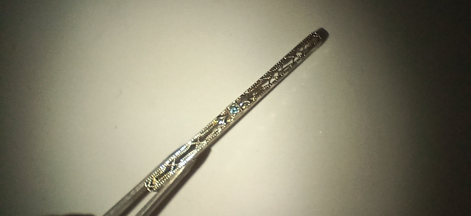Antique 14kt White Gold and Small Sapphire Bar Pin with Safety Clasp