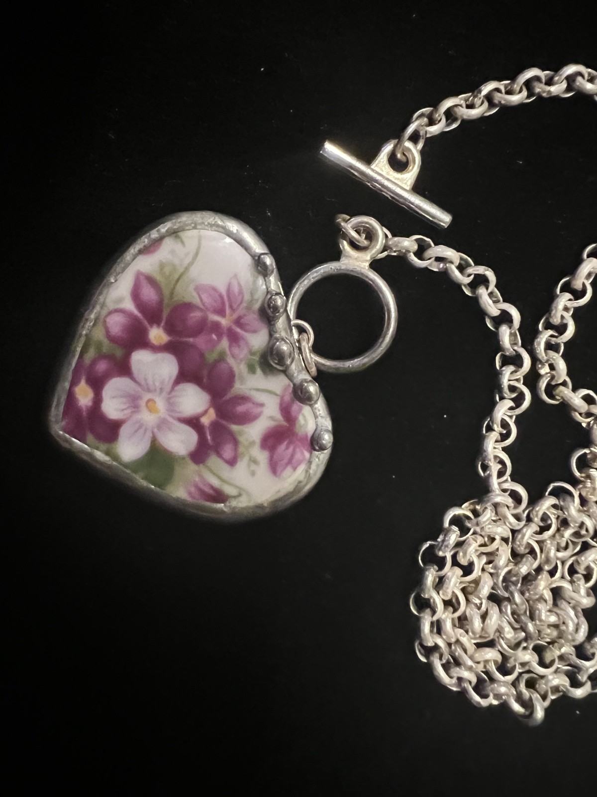 Vintage 925 Sterling Necklace Forget-Me-Not Porcelain Flower Hand Made