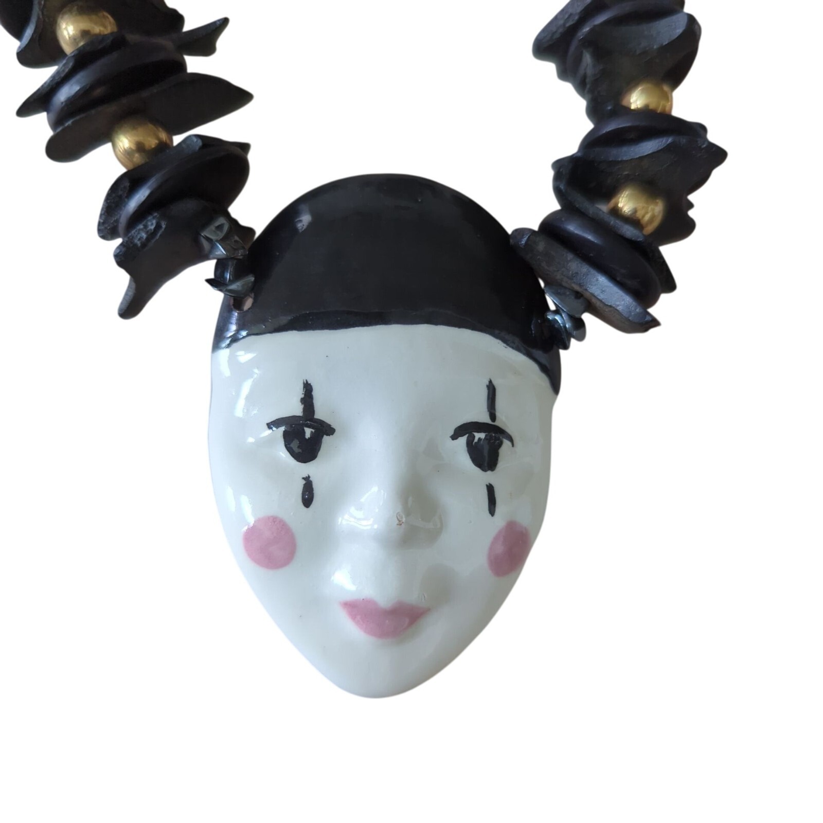 Vintage Harlequin Face Ceramic Pendant Necklace Pink and black stone & wood 25″