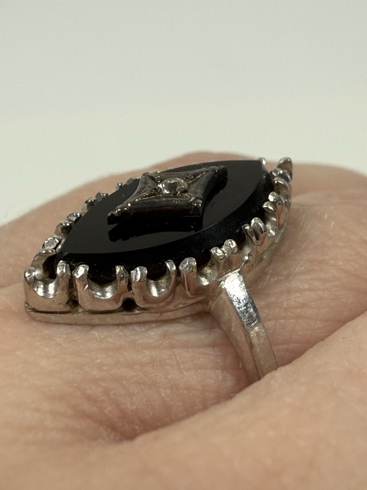 Vintage Art Deco 14k White Gold Marquise Black Onyx Diamond Ring Size 7