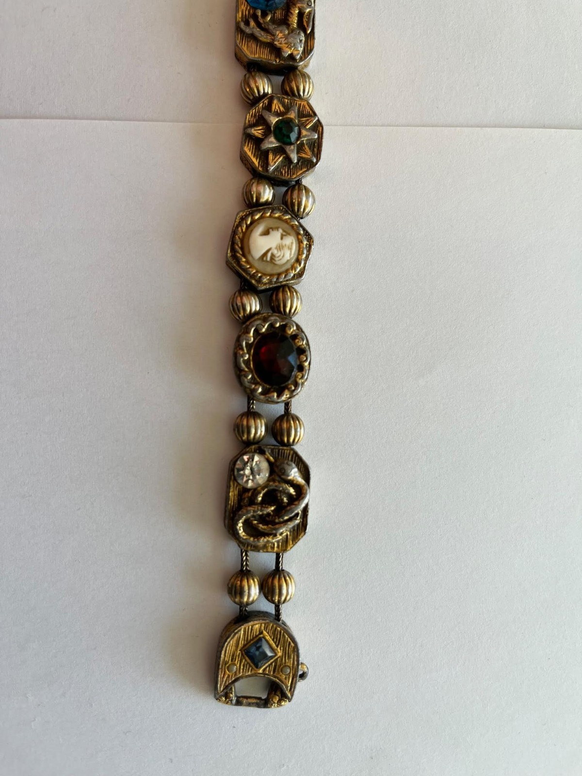 Vintage Goldette Victorian Revival Jeweled 8 Charm Slide Bracelet