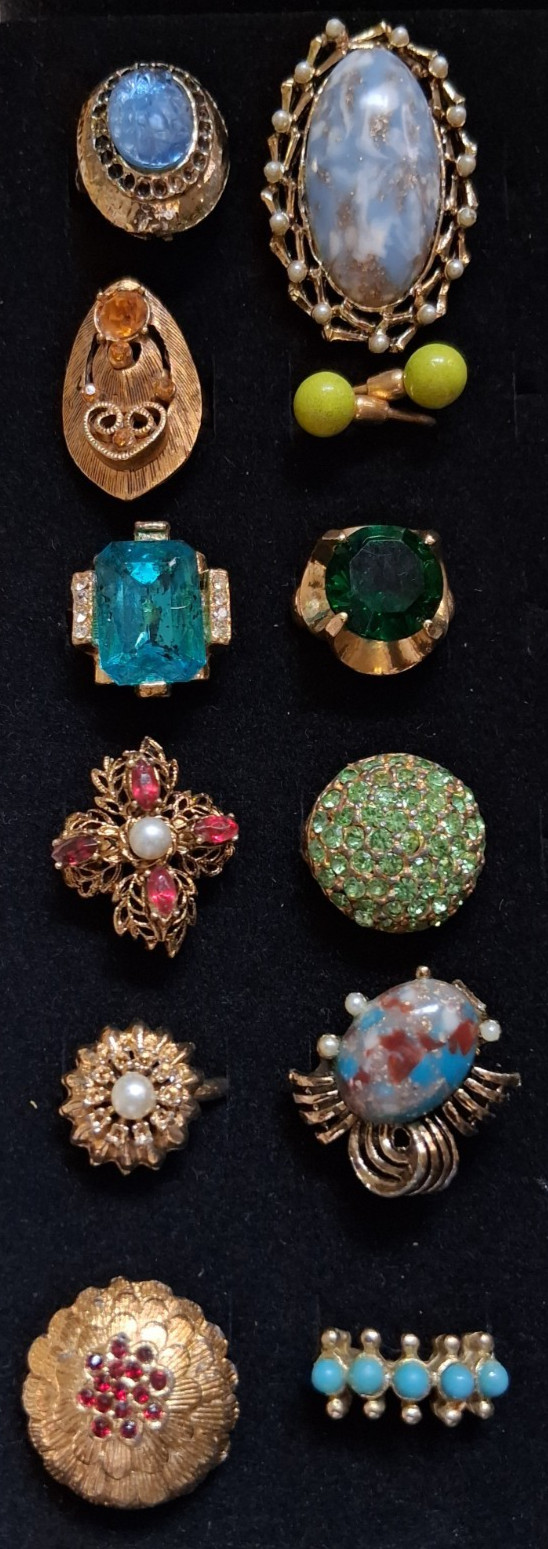 Lot (12) VTG Costume Cocktail Cluster Glamour Bling adjustable rings Mid Century