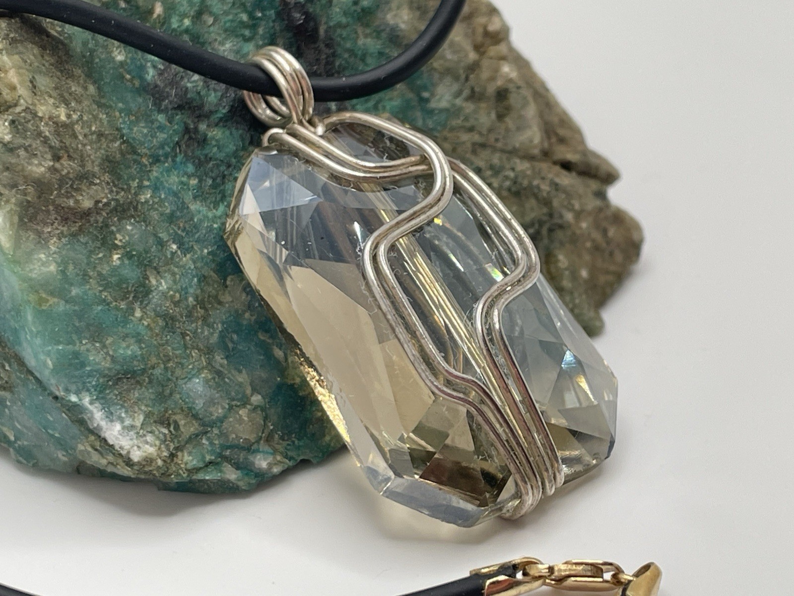 18” Black Rubber Cord Necklace 14K Gold Lobster Claw Clasp Crystal MOD Pendant