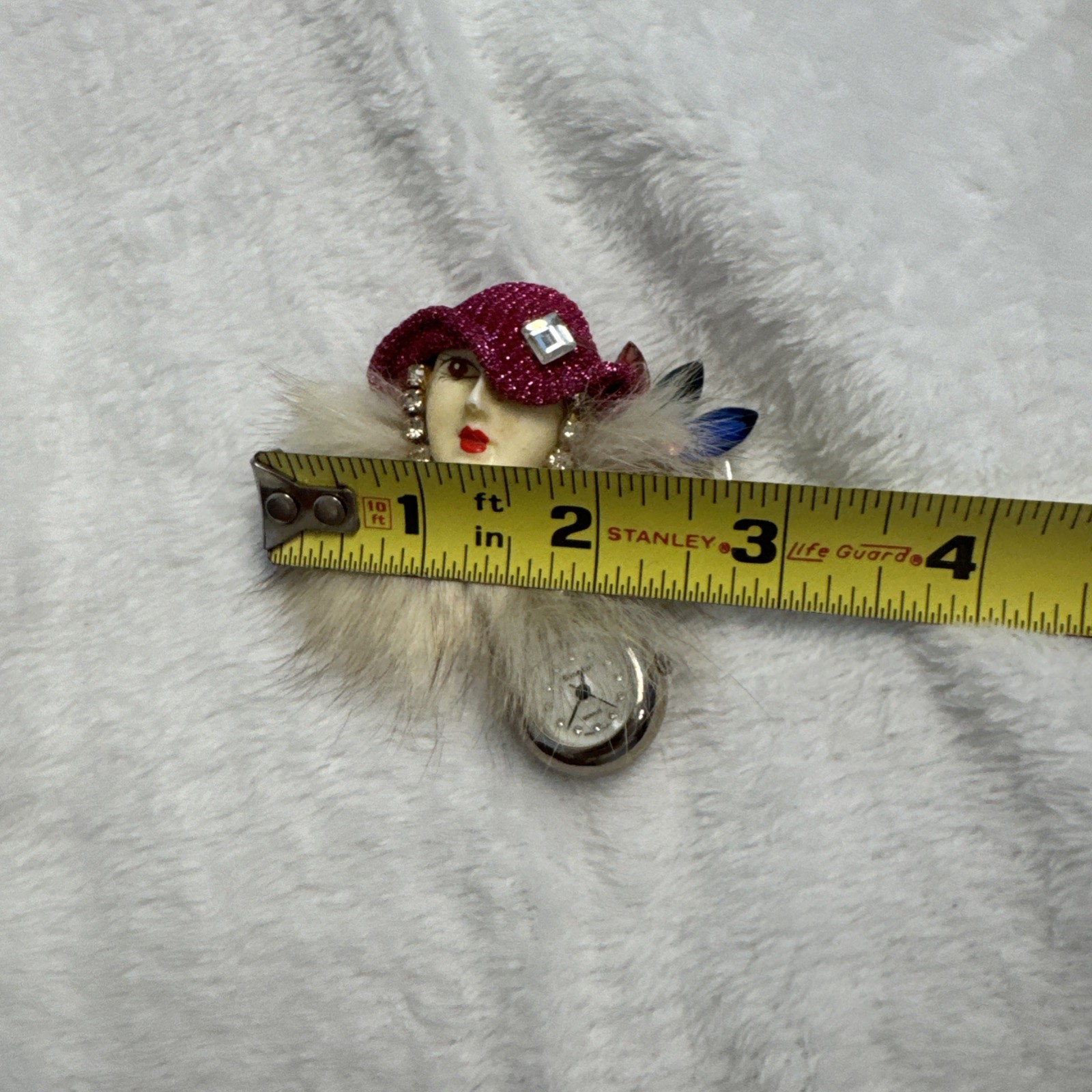 Vintage Bonetto Lady Face Watch Brooch Pin Faux Fur Rhinestone Dangle Watch