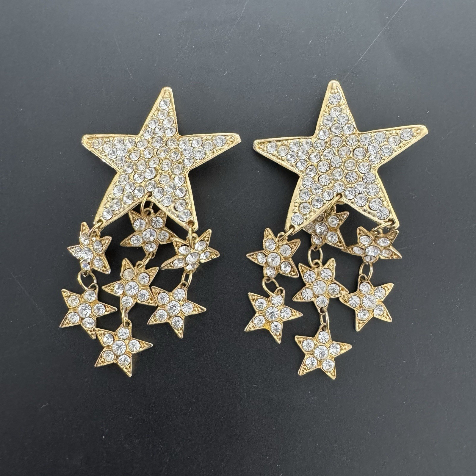 80s French Couture Austrian Pave Crystal Gold Tone Star Drop Runway Earrings