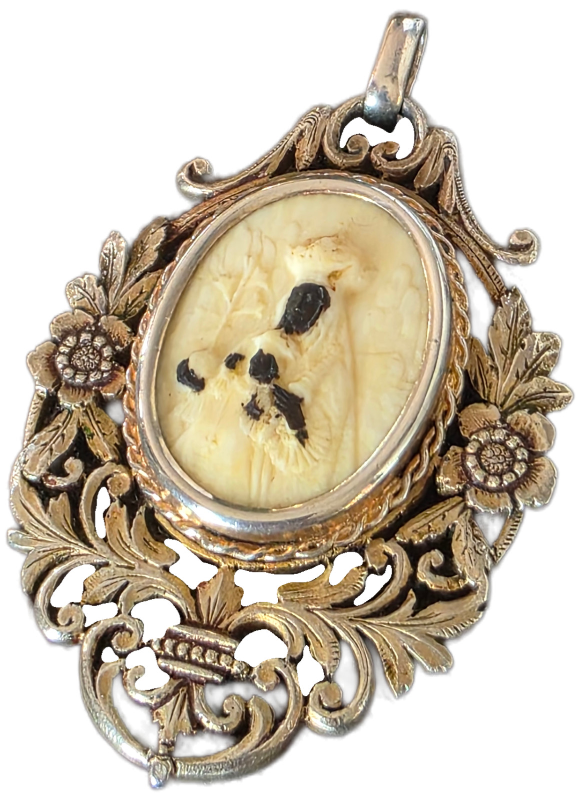 ANTIQUE BLACK MADONNA PENDANT Virgin Mary and Child Pendant Ca 1900