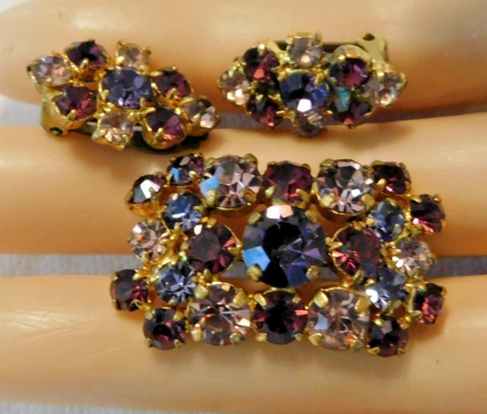 Vintage Austria Purple Crystal Rhinestone Pin and Earrings Set