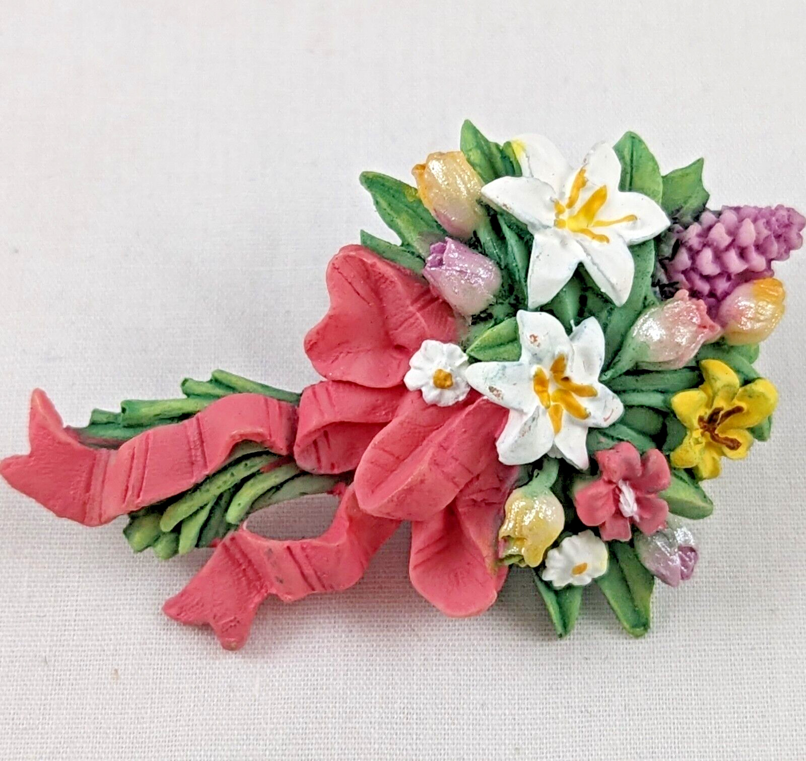 VTG Hand Painted Floral Bouquet Design Brooch Pin Costume Jewelry Flowers Multi
