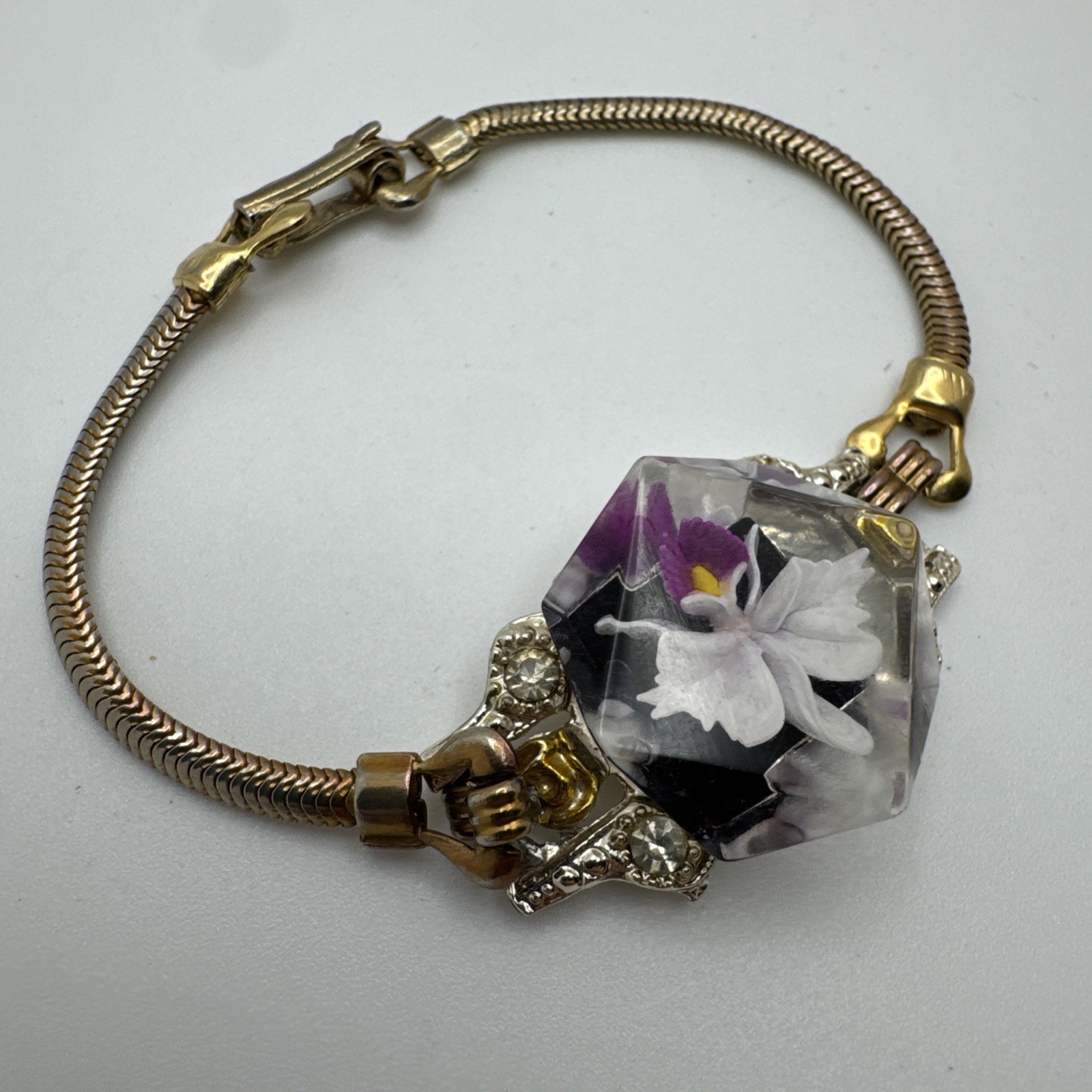 VTG Orchid White Purple Flower Snake Chain Two Tone Bracelet Clear Gem Woman