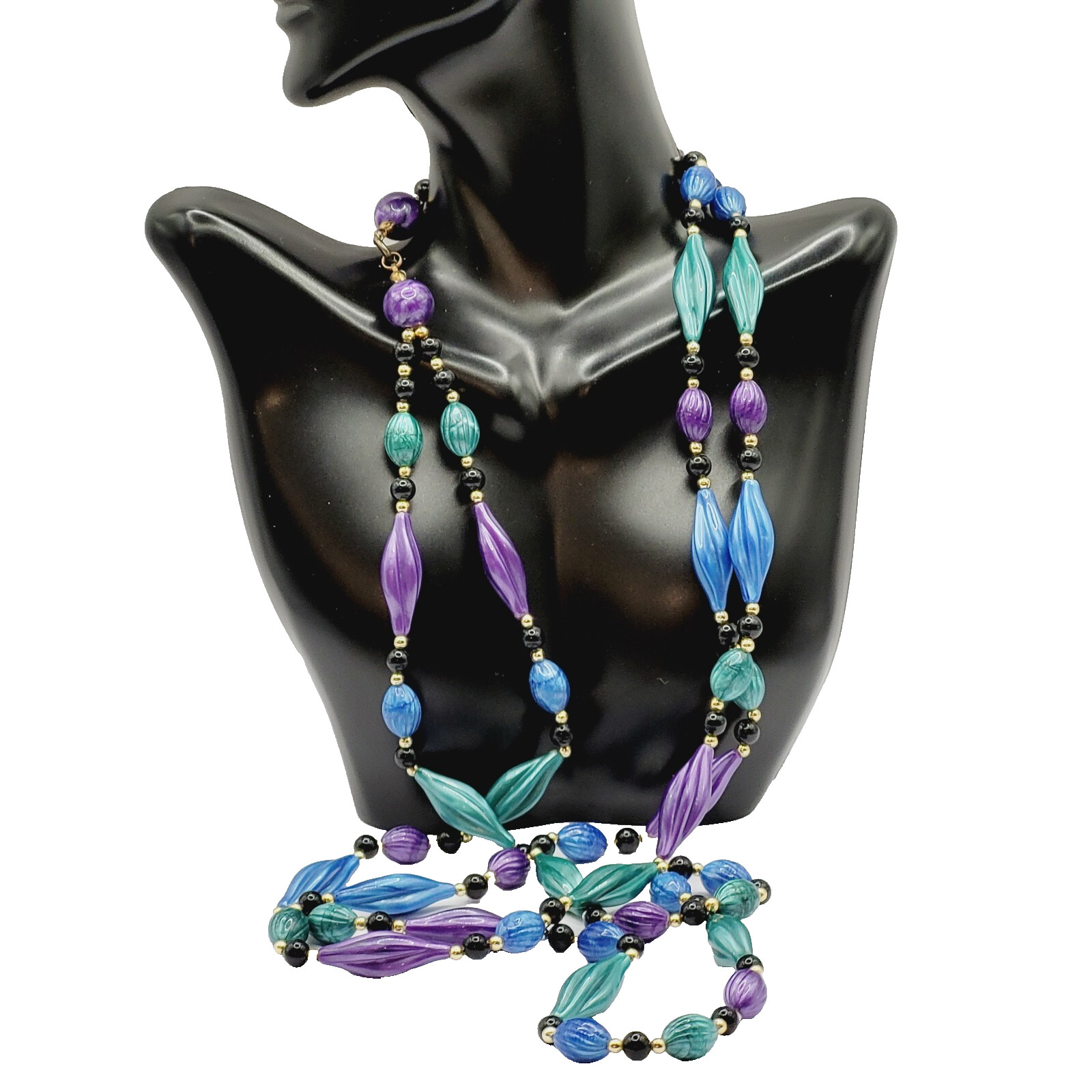 Peacock Colors Purple & Blues Gold Tone Acrylic Lucite Beaded Vintage Necklace