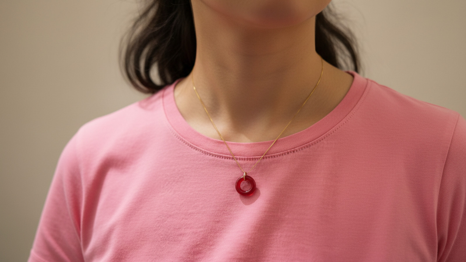 Round Rose Agate Necklace Pendant, 14K Solid Gold, 3D Round Torus Shape