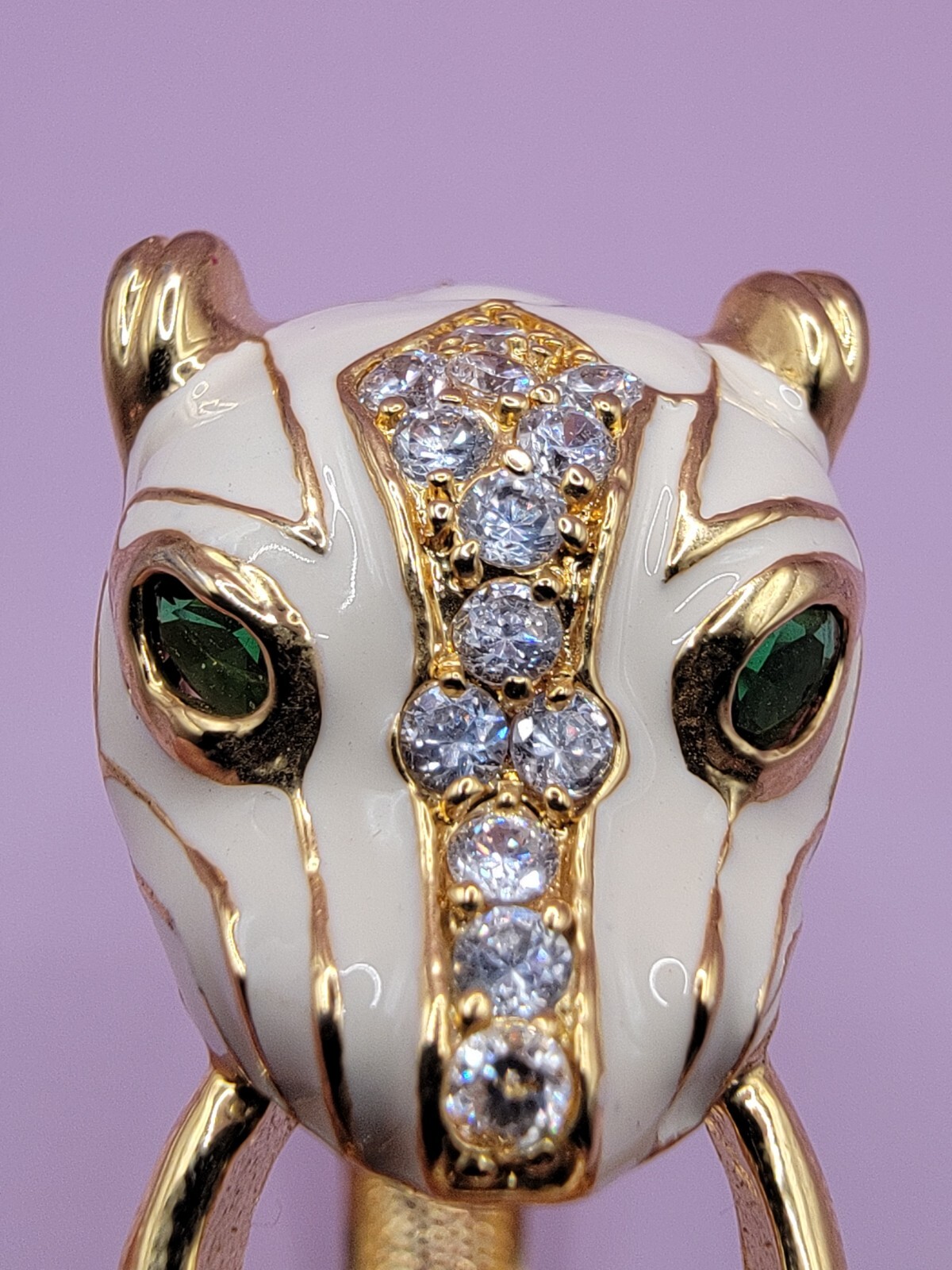 Vintage NOIR Ivory Enamel and Gold Tone PANTHER Head Clamper Bracelet