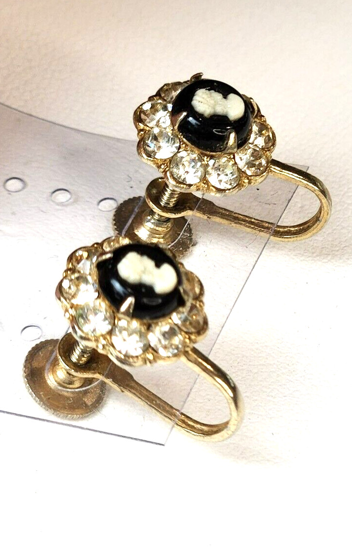Coro Cameo Earrings Ivory/Black Gold Tone Rhinestones Screw Back Vintage Signed
