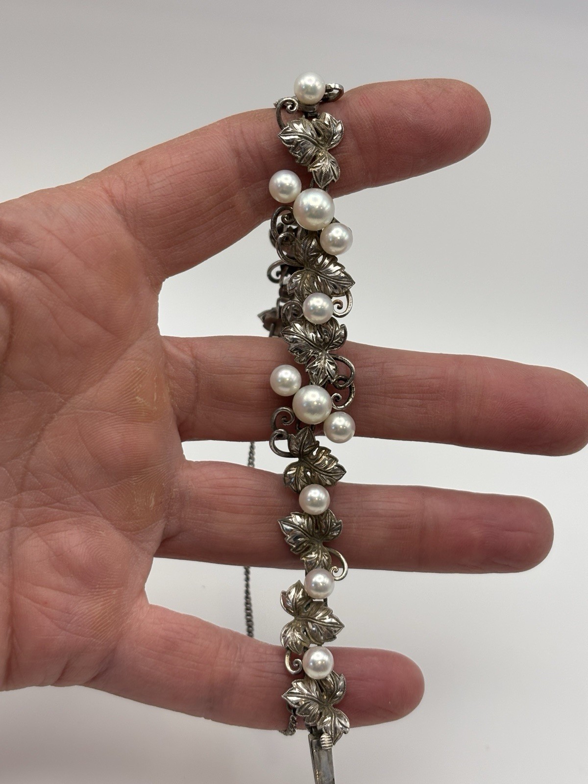Authentic Vintage Mikimoto Silver Pearl Ornate Bracelet