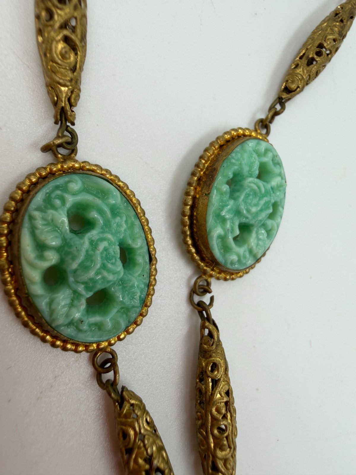 Vintage Necklace Art Deco Green Art Glass Bird Brass Asian Pendant Filigree PJ