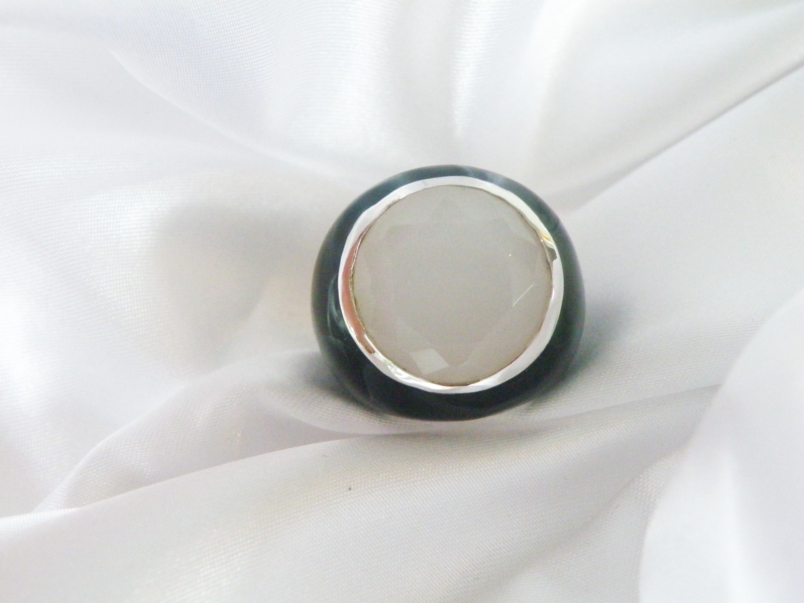 Vintage Sterling Silver 925 Quartz Black Enamel Bubble Statement Ring Size 8
